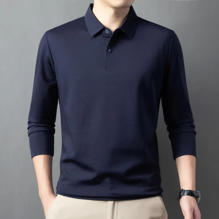 Premium Silk & Wool Blend Polo Shirt - Soft Winter Fleece Lining Luxury Business Casual Wear