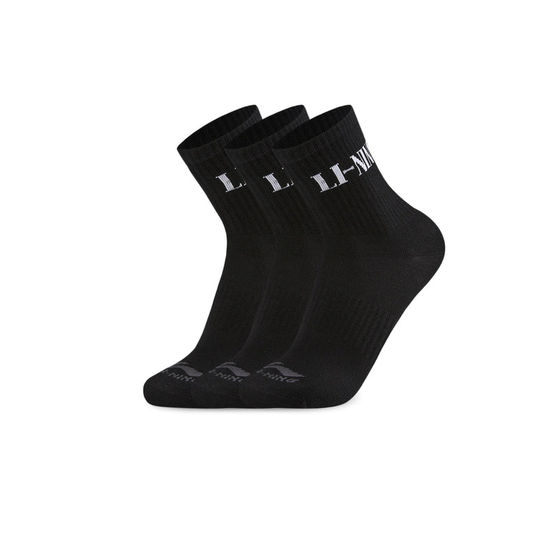 ស្រោមជើង Li-Ning Unisex 3គូ រចនាបថកីឡា LN ការពារបាក់តេរី 22-28សង់ទីម៉ែត្រ ស្រោមជើងទន់ស្រួល អក្សរបុរាណ LiNing AWTW005
