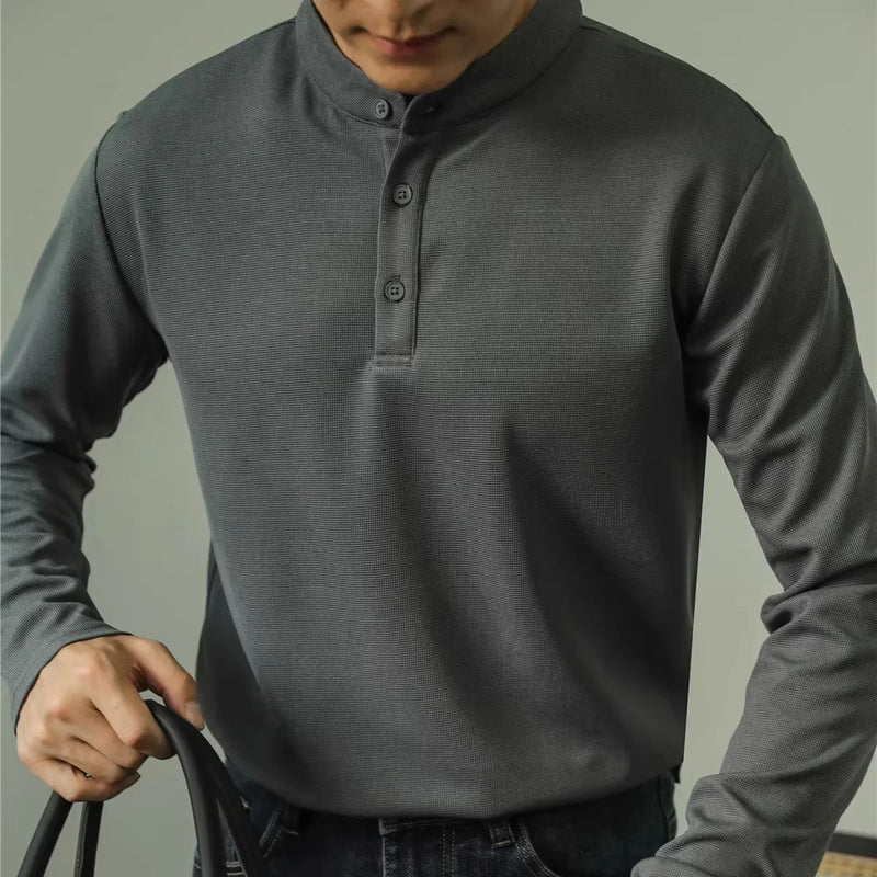 High-end New Men's Business Casual Long Sleeve Polo Shirt Stand Collar Solid Color Henley Neck T-shirt.M-4XL