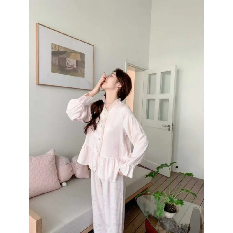 Ice Silk New Autumn Sleepwear Woman Nightwear Hot-selling Loungewear Printed Long Sleeve Pajamas Set Two-piece Home Wear Pijama
