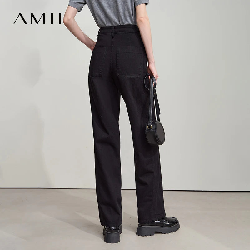 AMII Minimalist 2026 Autumn New Arrival Pants Minimalism Retro Casual Office Lady Pure Cotton Jeans Women Denim Trouser 12543141