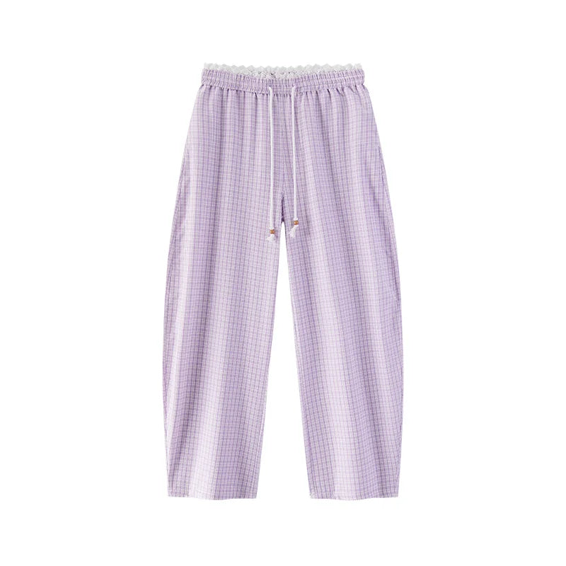 Semir Women Pants Textured Plaid Lace Trim Elastic Waist Loose Curved Summer 2026 Casual Long Trousers Bottoms Wear