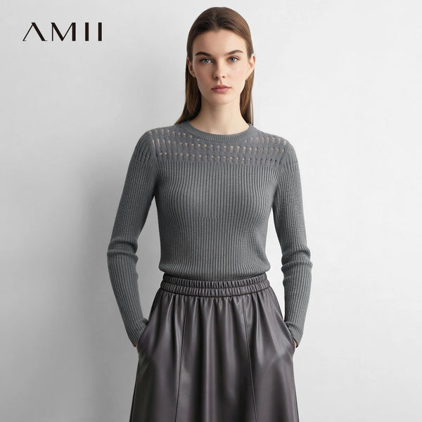 Amii Minimalist Knitted Tops Women Round Neck Hollow Breathable Slim Pullover Knitwear 2026 Autumn New Office Sweater 12623093