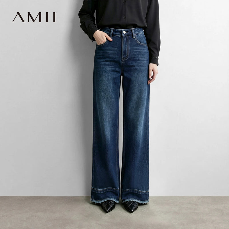 Amii Flare Jeans Cotton Denim Style Raw Hem Loose Women Casual Long Denim Trousers Denim Blue Autumn 2026 Woman Pants 12643088