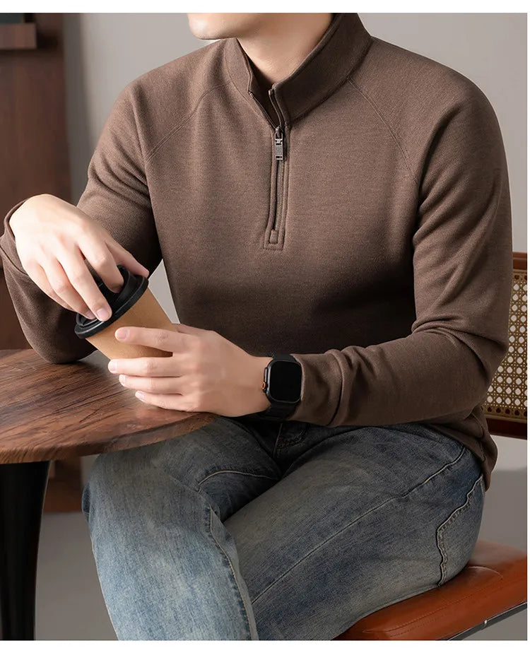 Old Money Style Men's Stand Collar Zip-Up Sweatshirt - Camel (Smoke Blue/ Brown/Gray)Long-sleeved Fleece Hoodie
