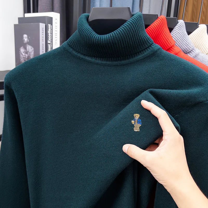 Unisex Long-Sleeved Knitwear High Neck Bear Embroidery Pullover For Autumn Winter Daily Wear Casual Commute Fashion Mens Sweater