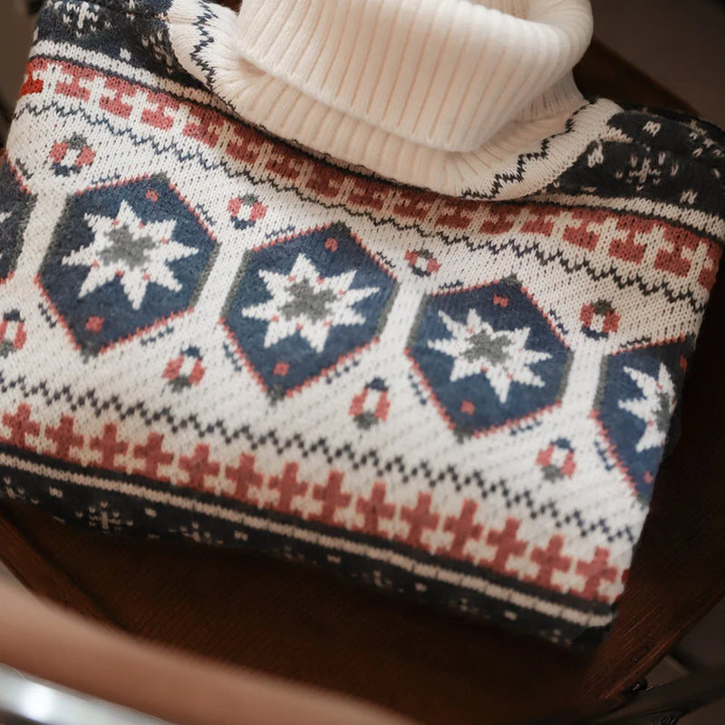 អាវយឺត Maden Vintage Fair Isle ប៉ាក់ពីក្រណាត់ក្តៅសម្រាប់បុណ្យណូអែល អាវយឺតក Turtleneck ប៉ាក់ពីក្រណាត់ក្តៅបែប Barn សម្រាប់រដូវរងារបស់បុរស