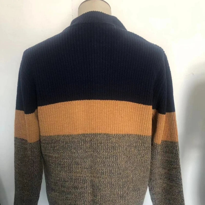 Men's Color Block Turn-Down Collar Knit Sweater - Gray (Yellow/Orange Red) M-2XL