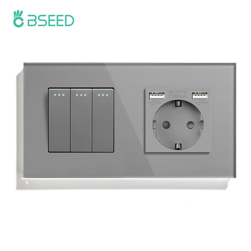 BSEED Mechanical Wall Button Switch 1/2/3Gang 1Way With Wall Power Socket Glass Frame USB Type-C Charge Port Home Improvement