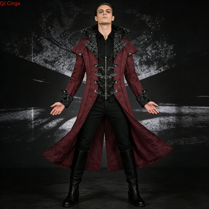 Medieval-inspired Men's Vintage Trench Coat, Halloween Gothic Long Jacket, Available in Red and Black. New 2026