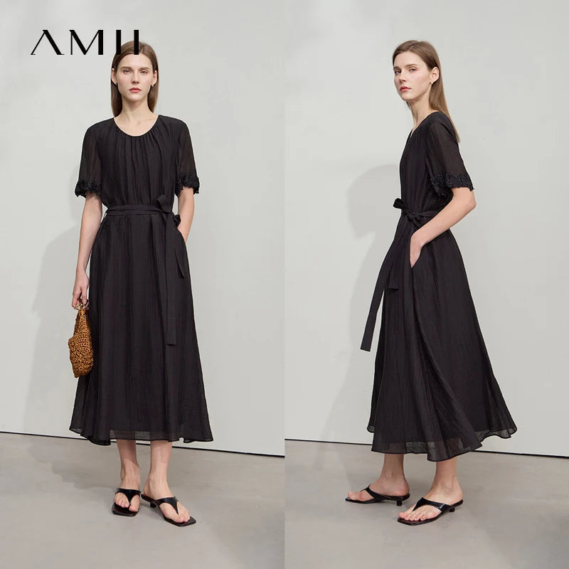 រ៉ូប Amii Minimalist ធម្មតាស្រាលប្រណីតសម្រាប់នារីរដូវក្តៅឆ្នាំ ២០២៥ រ៉ូបដៃអាវចរសម្រាប់នារីការិយាល័យថ្មី រ៉ូបវែងរលុង 12542160
