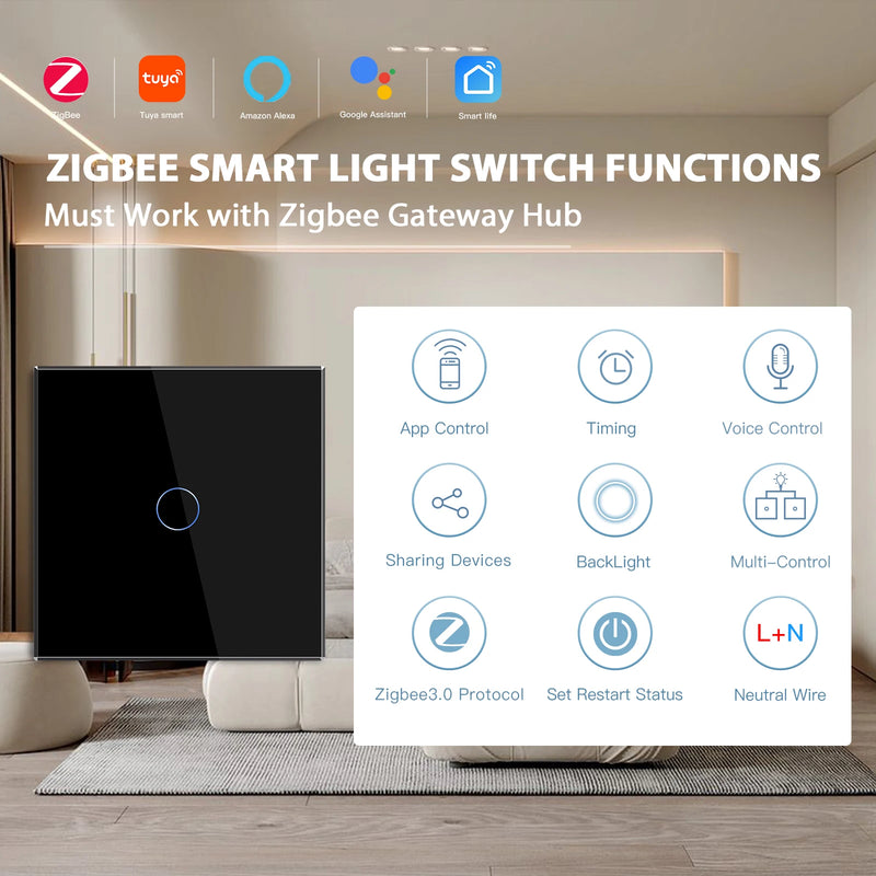 BSEED Zigbee Touch Switch 1/2/3Gang 2/3Way Smart Wall Switch Plus EU Socket Tuya Google Home App Alexa Control Need Neutral Wire