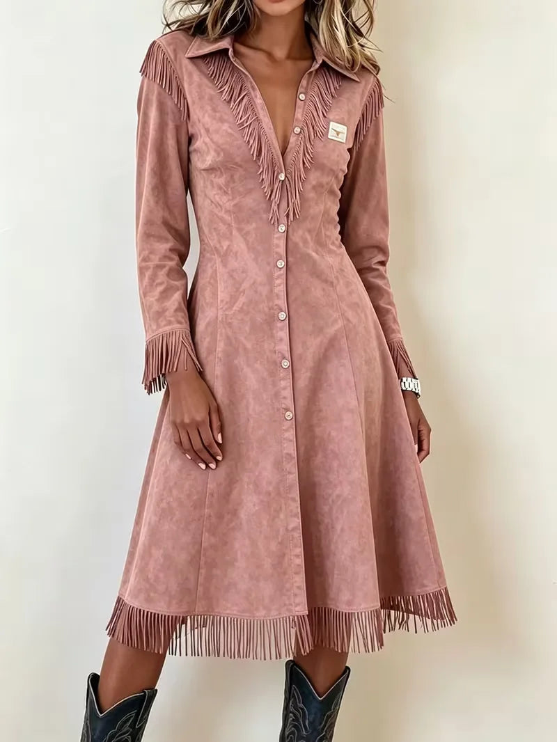 Women's Western-style Long-sleeved Trench Coat;A Figure-hugging Jacket with Fringe Details for Spring/Fall; Blue,Red,Black,Brown