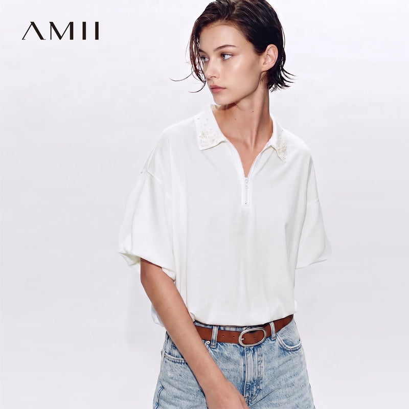 Amii Women's T-Shirt 2026 Summer New Lapel Collar Beaded Zip Drop Shoulder Cotton Tee Casual Short Sleeve Top For Women 12622097