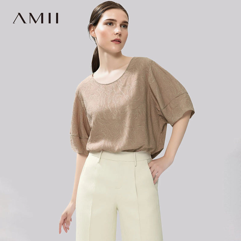 Amii Women's Blouse 2026 Summer New Round Neck Linen Blend Lantern Sleeve Top French Style Loose Casual Shirt For Women 12612036