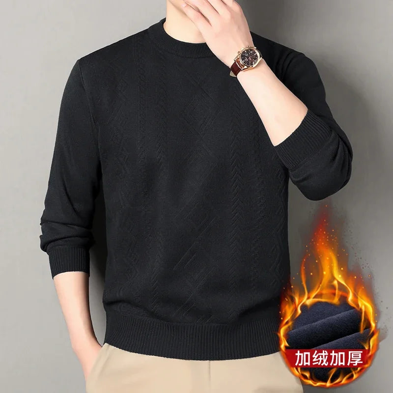 Jacquard Pattern Male Warm Sweater Full Fleece Lining Elastic Hem Crew Neck Office Semi Formal Long Sleeve Pullover