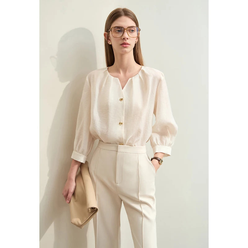អាវ Amii Minimalism 2025 សម្រាប់នារី រដូវស្លឹកឈើជ្រុះ អាវថ្មីលាយបញ្ចូលគ្នា ត្បាញរលុង អាវការិយាល័យ អាវក្រណាត់មិនលាត អាវស្រី 12442001