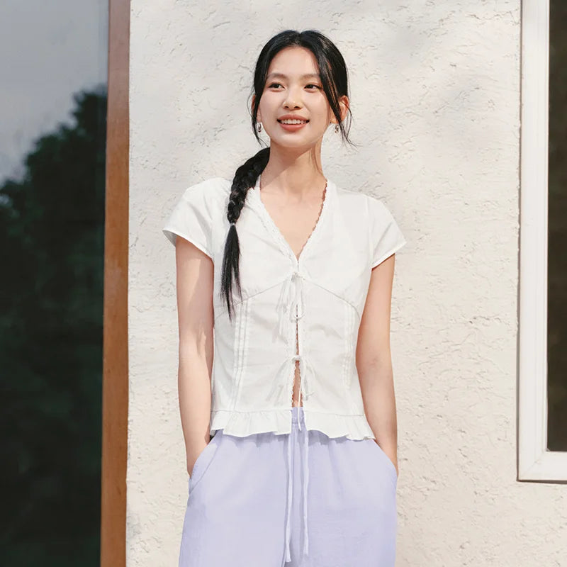 Semir Women Shirt Short Length V Neck Bow Cotton Slim Fit Sweet Cute Casual Top 2026 Summer Fashion Daily Wear