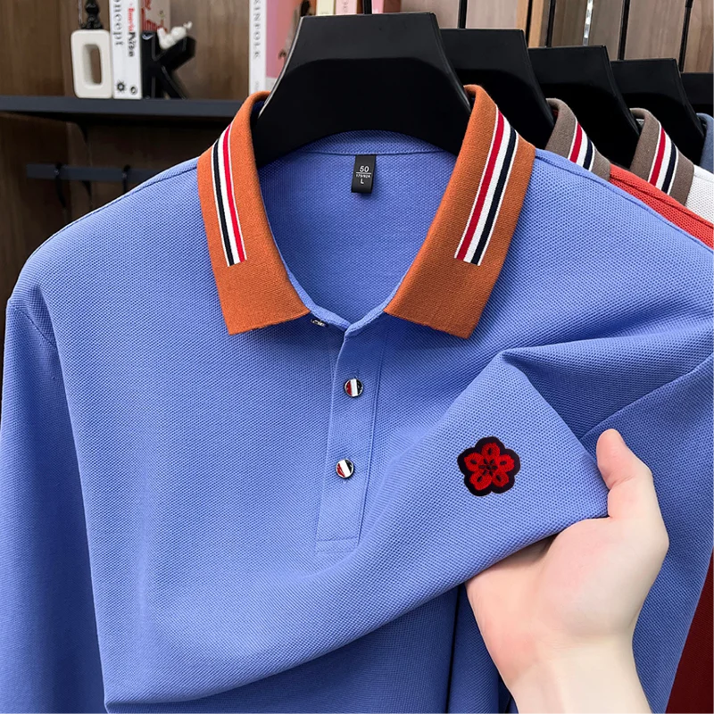 100% Cotton Man Long-Sleeved Polo Shirt Lapel Button Color Blocking Flower Embroidery Autumn New Leisure Fashion Men's Clothing