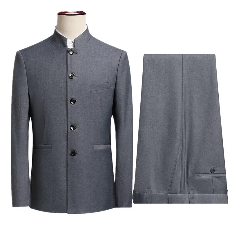 2026 Men's Gray Suit Two-Piece, China Style Single Breasted Lapel Jacket with Trousers, Asian Size Wedding/Party/Business Sets