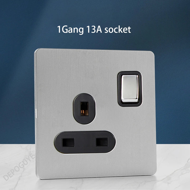 Wall Light Toggle Retro Switch Panel 1-4 Gang 2 Way EU Silver Gray Brushed Stainless Steel Antique Switch Outlet with USB Chargi
