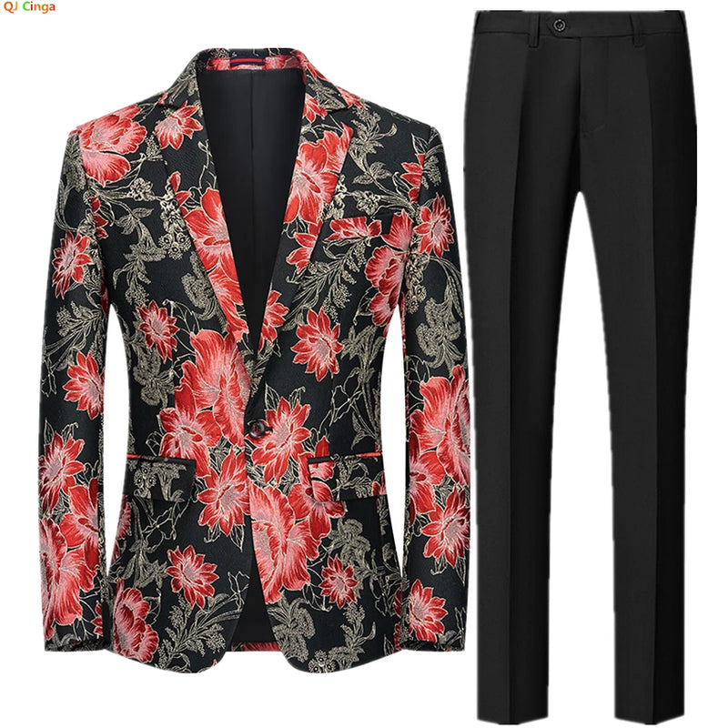 2026 Men's Two-Piece Set, Wedding Party Jacket and Trousers in Black with Red Flowers Jacquard Fabric Slim Fit Men Coat & Pants.
