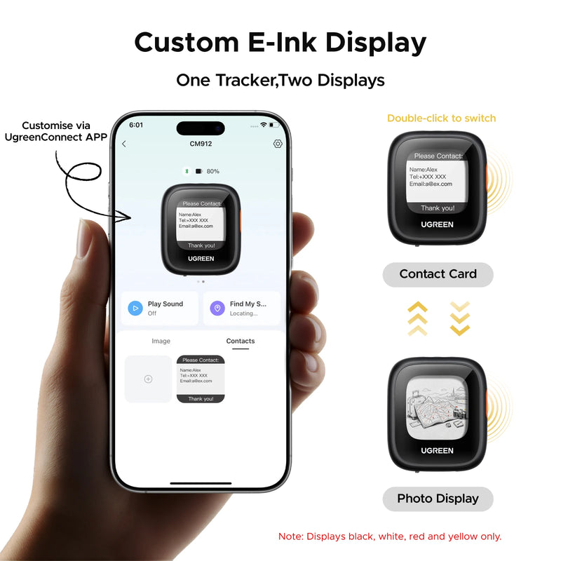 UGREEN Finder Custom E-Ink Display Tracker Tags (iOS Only)  Bluetooth Air Smart Tags Item Finder Compatible with Apple Find My