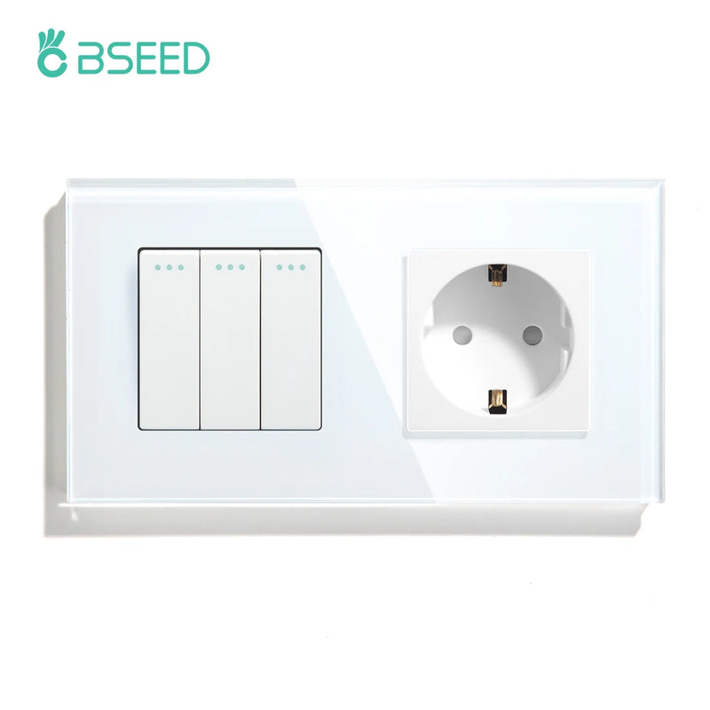 BSEED EU Standard Wall Button Switch 1/2/3Gang 1Way Wall Power Socket Glass Frame Mechanical Switches Home Improvement