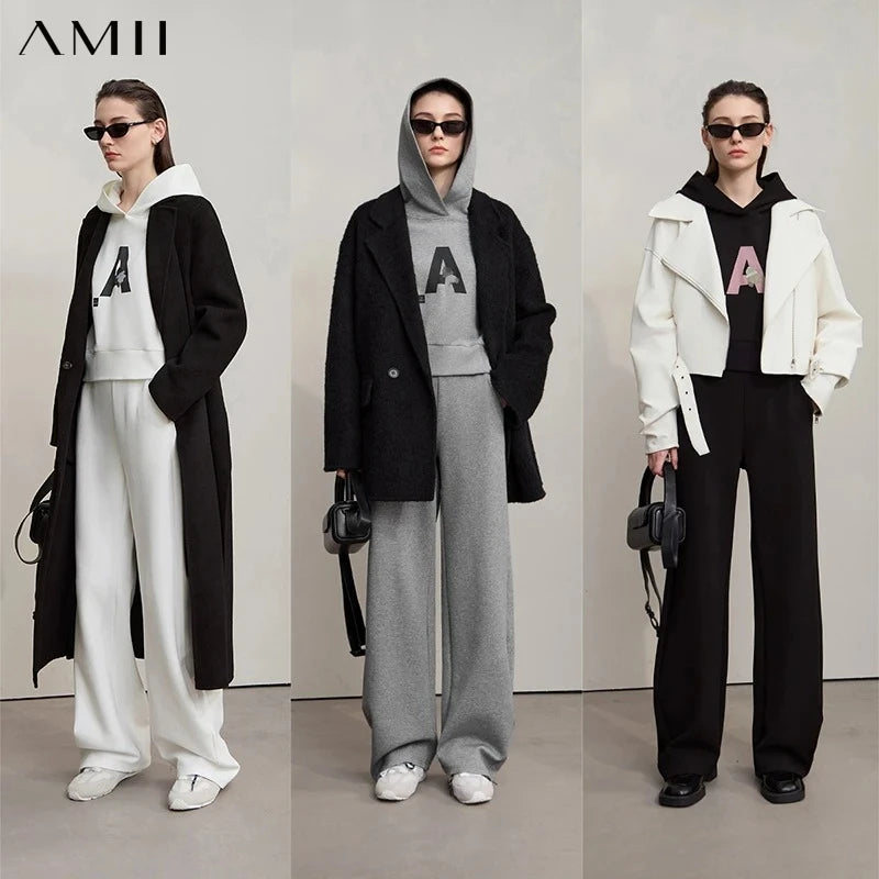 AMII Woman Sweatshirts 2026 Autumn Casual Letter Loose Hooded Sweater Wide-leg Sweatpants Separate Knit Ladies Clothes 12523012
