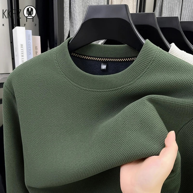 Men Thick Fleece Lined Waffle Knit Pullover Long Sleeve Crew Collar Relax Fit Warm Daily Office Wear Top
