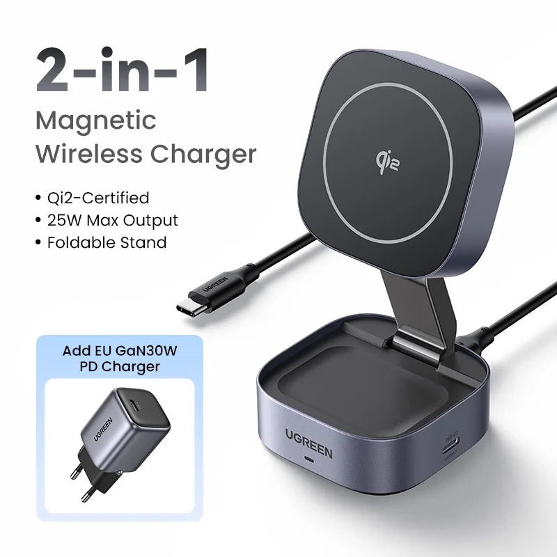 UGREEN Qi2 15W Magnetic Wireless Charger Stand 2-in-1 Charging Stand For iPhone 16 17 Pro Max/AirPods For MagSafe Fast Charger
