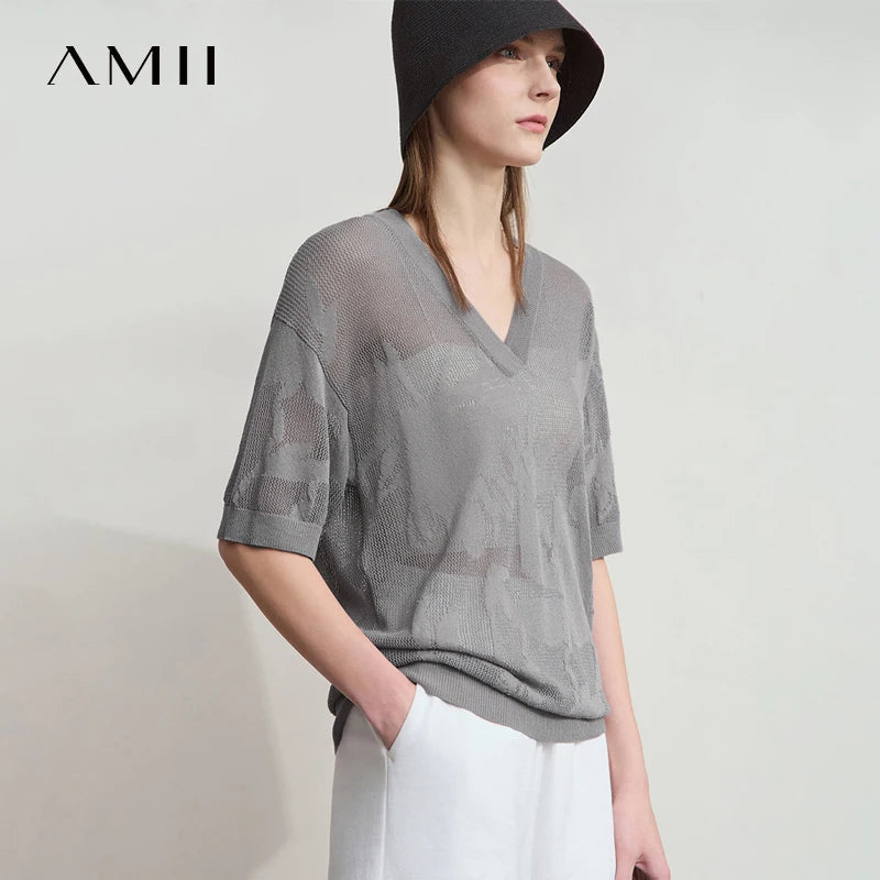 Amii Knitted Sweaters Women Tops 2026 Summer New V-neck Half Sleeves Hollow Out Fashion Lady Loose Thin Pullovers 12552019