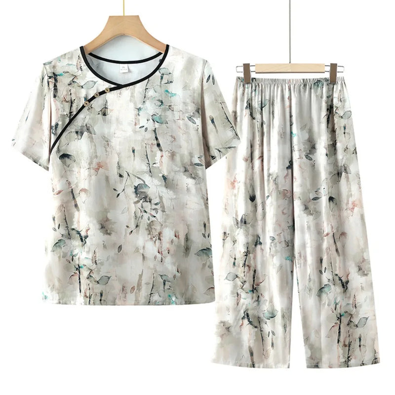 Thin Middle-aged Summer Pajama Set Floral Night Wear for Ladies Sleepwear Loose Soft Short Sleeve Nightwear for Woman Pijama
