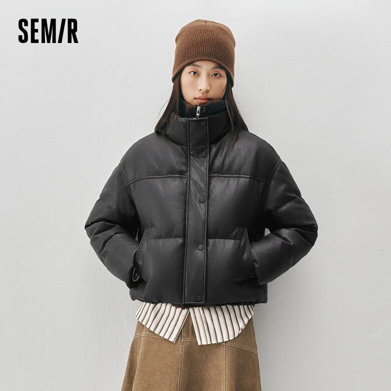 Semir Women Down Jacket 90 Percent Down Fill PU Faux Leather Loose Fit Urban Casual Style Puffer Shape 2026 Winter Cold Weather