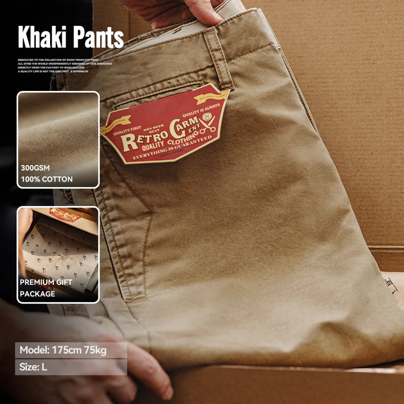 ខោ Maden Vintage Heavyweight Khaki Casual Pants Twill Cotton Straight Pants សម្រាប់សម្លៀកបំពាក់ការងាររដូវស្លឹកឈើជ្រុះរបស់បុរស ខោ Classic Zip Fly Pants