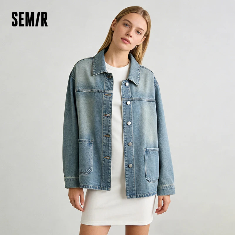 Semir Demin Jacket For Women 2026 Spring Denim Loose Lapel Casual Coat Fashion Comfortable Daily Outerwear