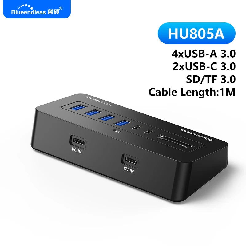 ស្ថានីយ៍ចត USB-C Hub ពហុរន្ធ Blueendless 5Gbps USB3.0 Splitter 7/8-រន្ធ 2-in-1 ខ្សែថាមពលខាងក្រៅ 5V សម្រាប់កុំព្យូទ័រយួរដៃ PC