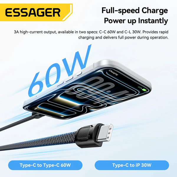 ខ្សែសាក Essager 60W ប្រភេទ C ទៅប្រភេទ C សម្រាប់ iPhone 17 16 PD 30W ខ្សែសាកលឿនសម្រាប់ iPhone 15 14 13 12