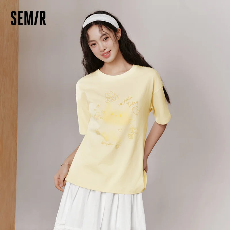 Semir Women Tshirt Mid Length Loose Cartoon Print Short Sleeve Summer 2026 Cute Casual Niche Style Fashion Top Tee
