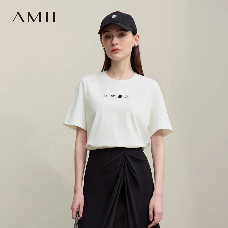 អាវយឺតរដូវក្តៅរបស់ស្ត្រី Amii ឆ្នាំ ២០២៦ អាវយឺតកប្បាស Rhinestone បីវិមាត្រថ្មីសម្រាប់ស្ត្រី 12642019 ដៃខ្លី 12642019