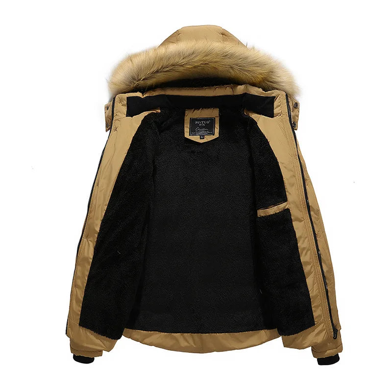 Men's Winter Black Hooded Parkas Jacket, Fake Fur Collar Thick Coats, Fashion Warm Outerwear Male Overcoat Blue Red Jaqueta
