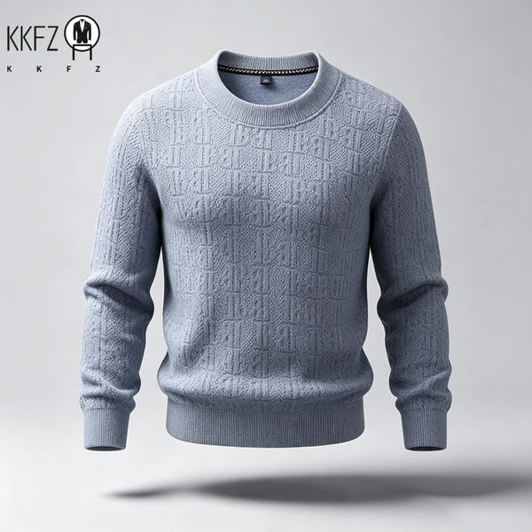 Male Warm Knitted Pullover Round Neck Full Body Letter Pattern Lightweight Fabric Long Sleeve Tops For Daily Social Wear