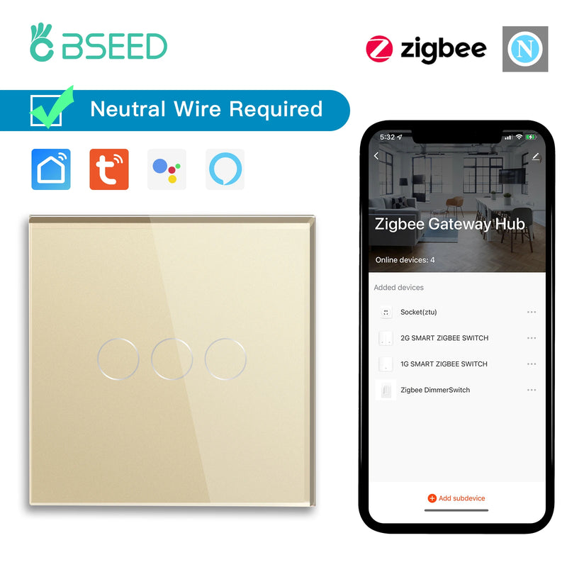 BSEED Zigbee Touch Switch 1/2/3Gang 1/2/3Way Smart Wall Switch Tuya Google Home App Alexa Voice Control Need Neutral Wire