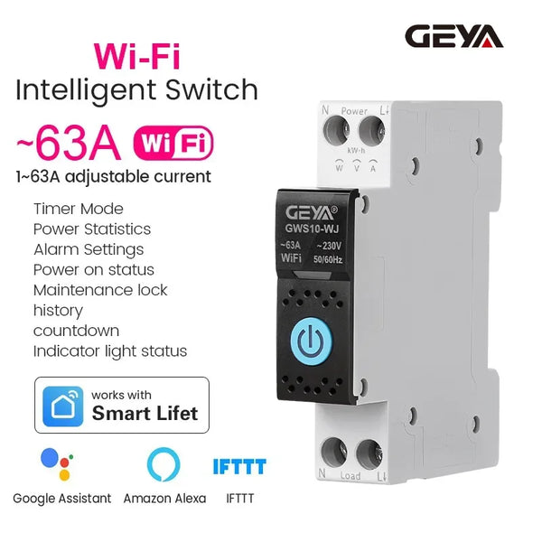 ឧបករណ៍បំបែកសៀគ្វីឆ្លាតវៃ GEYA WiFi/ZigBee MCB ជាមួយនឹងរនាំង DIN 63A សម្រាប់កុងតាក់បញ្ជាពីចម្ងាយឥតខ្សែសម្រាប់ផ្ទះឆ្លាតវៃ ដោយកម្មវិធី Tuya