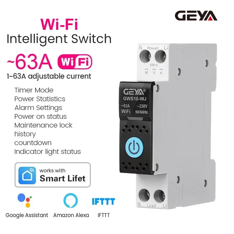 ឧបករណ៍បំបែកសៀគ្វីឆ្លាតវៃ GEYA WiFi/ZigBee MCB ជាមួយនឹងរនាំង DIN 63A សម្រាប់កុងតាក់បញ្ជាពីចម្ងាយឥតខ្សែសម្រាប់ផ្ទះឆ្លាតវៃ ដោយកម្មវិធី Tuya