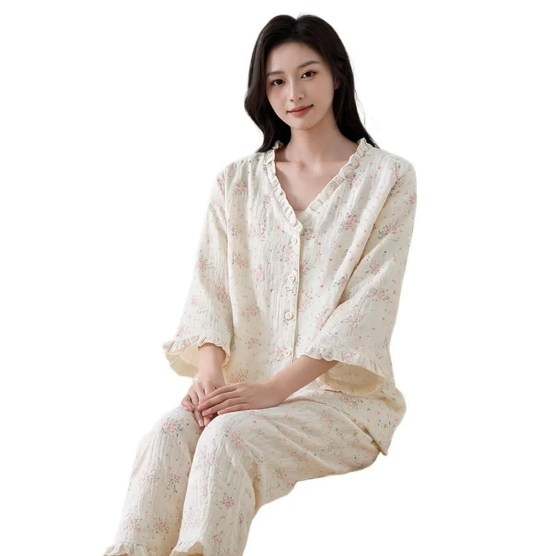 Floral Sleepwear 100% Cotton Women's Pajamas 2 Piece Sets V-neck Button Down Trousers Lounge Wear Spring Autumn Soft Nightwear