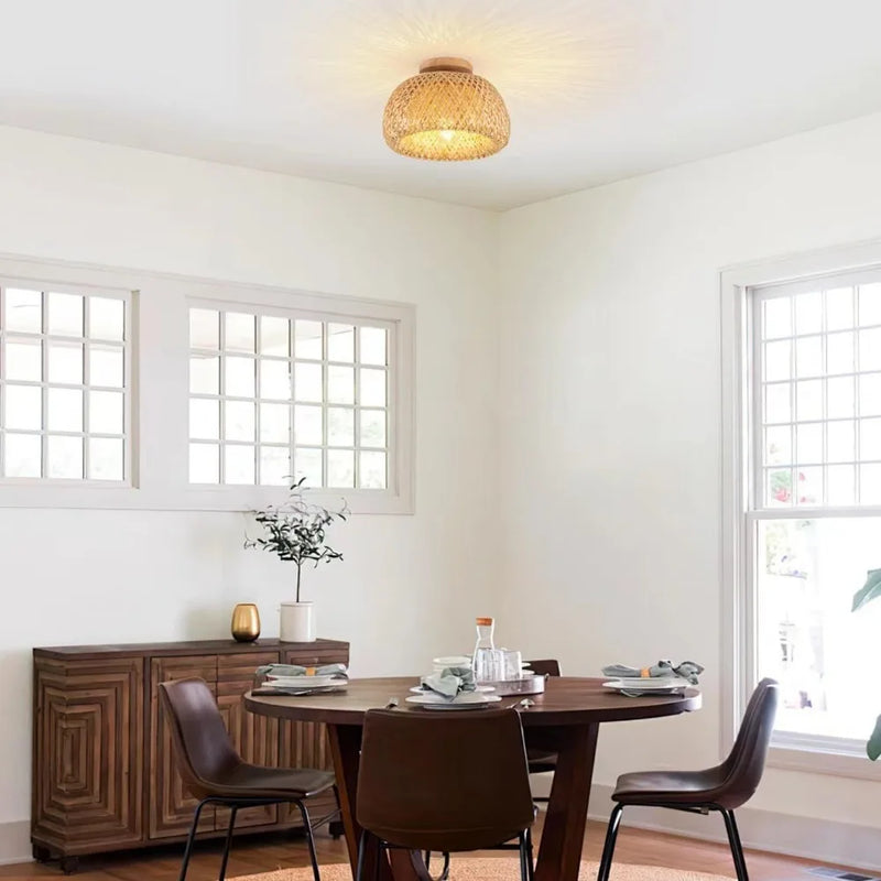 JOYINLED Rattan Ceiling Light Pendant Lamp Shade Chinese Style Circular Handmade Retro Light Fixture Living Room Restaurant