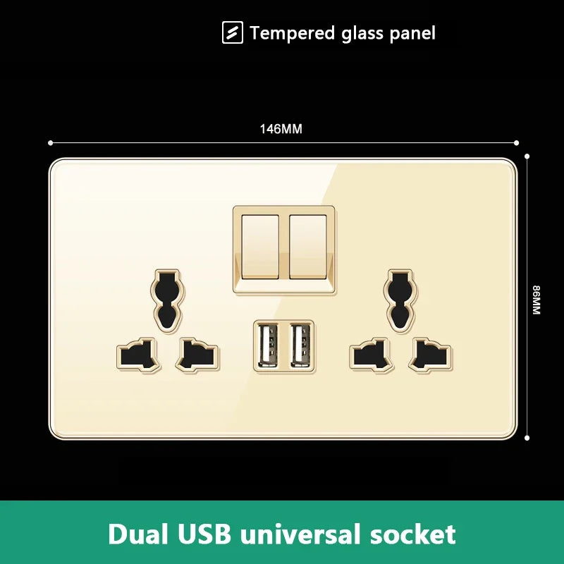 UK 13A Wall Socket with Type-C 18W Fast Charging Plug Socket,Glass Panel Power Double Universal Outlet with Quick USB C charge