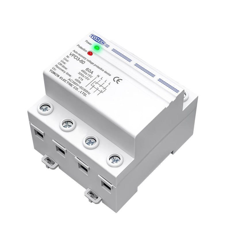 TOMZN 60A 380V Three Phase Four Wire Din Rail Auto Recovery Reconnect Over Voltage And Under Voltage Protective Protection Relay