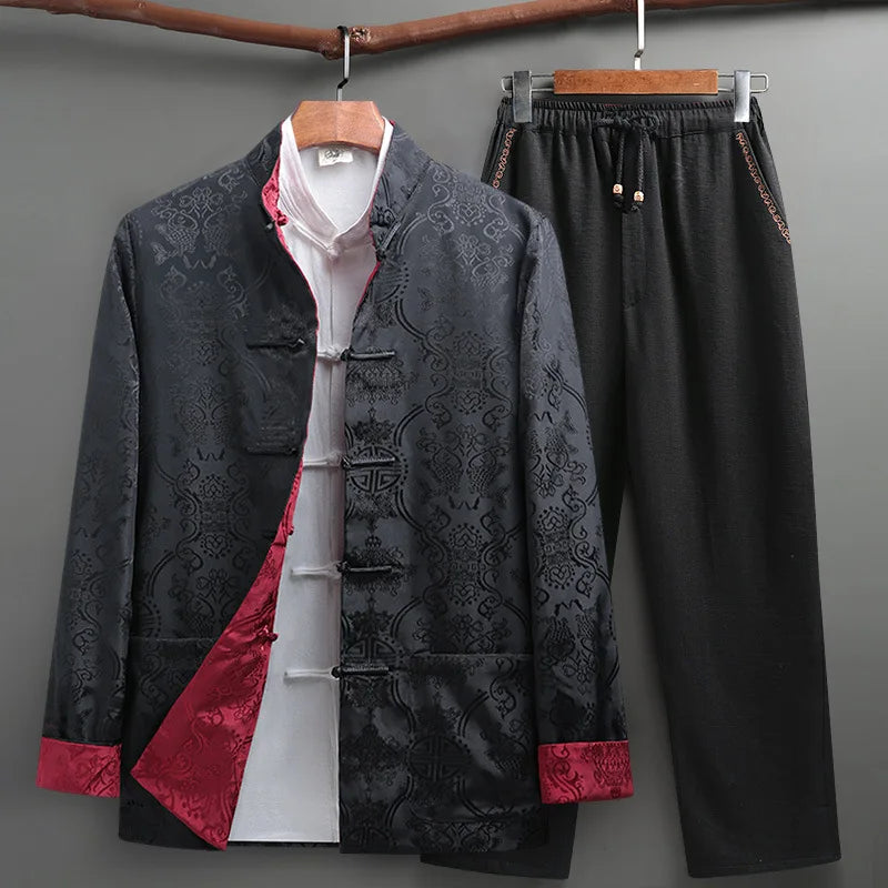 Men's Blue Two-piece, Tang-style Suit: A Chinese-style Single-breasted Stand-collar Jacket in Jacquard Fabric Paired with Pants.